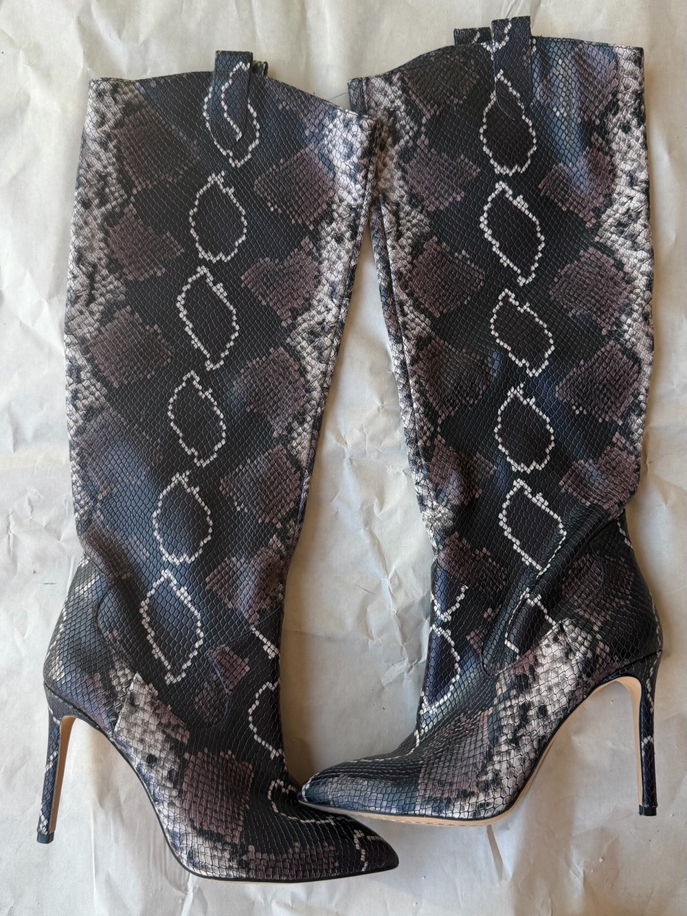 Vince Camuto Black and Brown Snake-Print Knee Boots